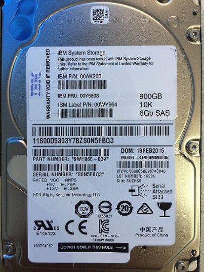 Picture of 00Y5803 IBM 900GB 10K RPM SAS 6GBPS 2.5 Inch Hot Swap Hard Drive With Tray For IBM Storewize V5000. Refurbished.