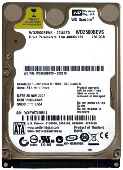 Picture of WD2500BEVS Western Digital 250GB SATA 1.5GBPS 5.4K RPM 8MB Hard Drive | Refurbished