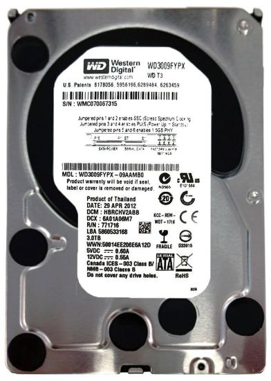 Picture of WD3009FYPX Western Digital 3TB 5.4K RPM SATA 6G 64MB 3.5 Inch Hard Drive. Refurbished.