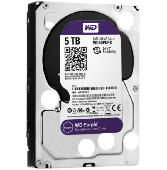 Picture of WD50PURX Western Digital Purple 5TB 5.4K RPM SATA 6GBPS 64MB 3.5Inch Hard Drive. New Factory Sealed 3 Years WD Warranty.